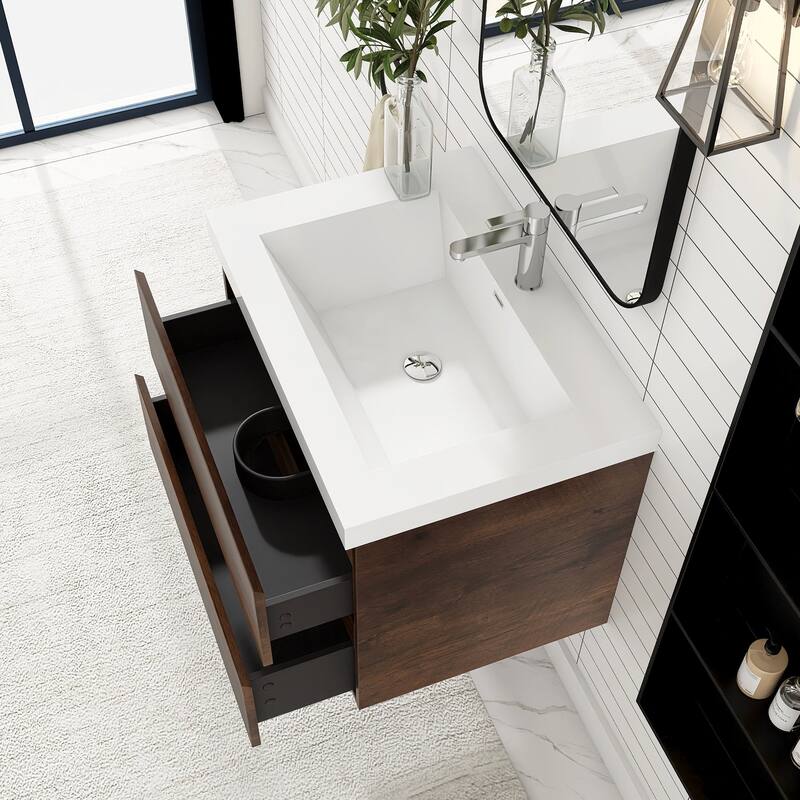 MDF Wall-Mounted Bathroom Vanity Set in Rose Wood with Integrated Culture Marble Sink