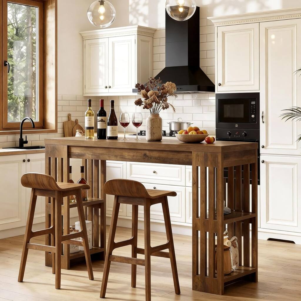 63 Inch Bar Table, Wooden Bistro Table with Wine Rack, Large Home Bar Unit, Pub Table with Storage Shelves