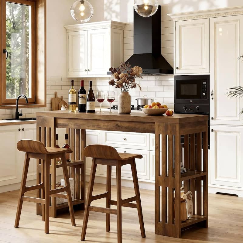 63 Inch Rectangle Bar Table, Farmhouse Pub Bistro Table Home Bar Unit with Storage Shelves - 62.99" L x 19.68" W x 37.4" H