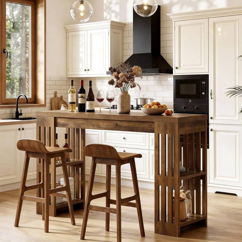 Bar Table with Wine Rack, 63 Inch Wooden Bistro Table, Large Home Bar Unit, Pub Table with Storage Shelves