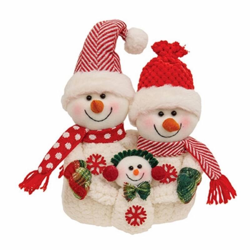 Freestanding Holiday Snowman Family Figurine 2 Parents 1 Baby with Festive Knit Design - N/A