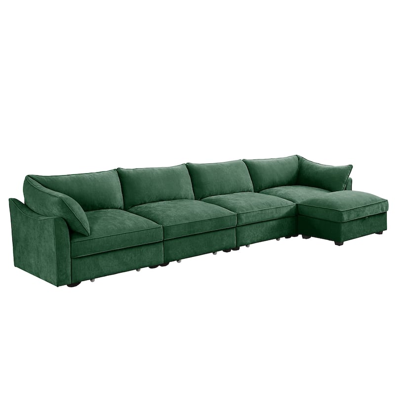 L-Shaped 4-Deep Seater Sectional Sofa Couch with 1 Movable Storage Ottoman & Pull out Drawers Under Each Seat