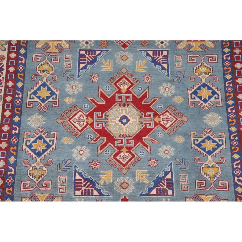 Hand Knotted Oriental 100% Wool Carpet Traditional Geometric Navy Blue & Blues Kazak Area Rug - 9' 8'' X 6' 7''