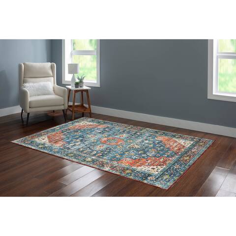 Markum Machine Washable Teal and Rust Area Rug