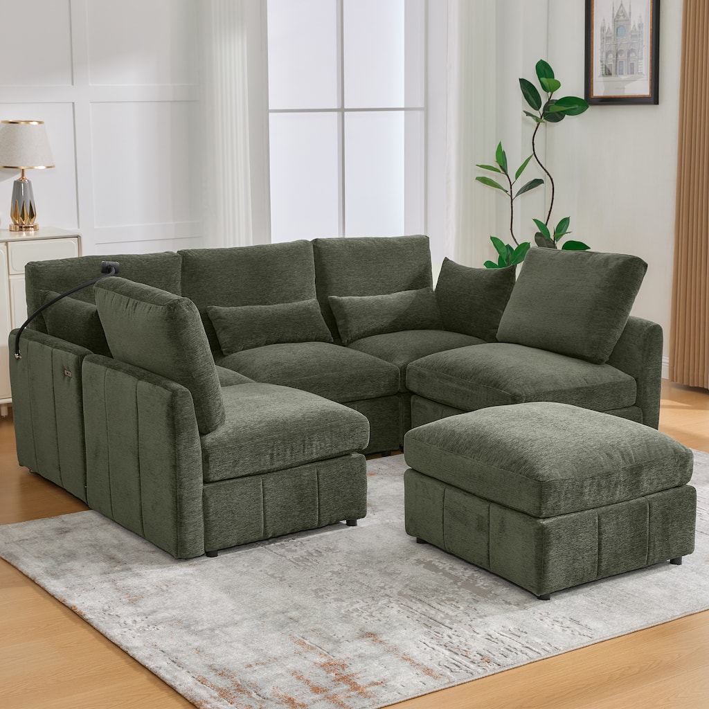 Modular Sectional Sofa with Movable Ottoman Convertible L-Shape or U-Shape Sofa Bed Built-in USB Charging Ports and Phone Holder