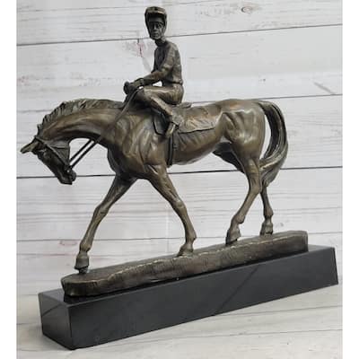 Polo Jockey On Horseback Equestrian Bronze Statue Sculpture Signed Art On Marble Base