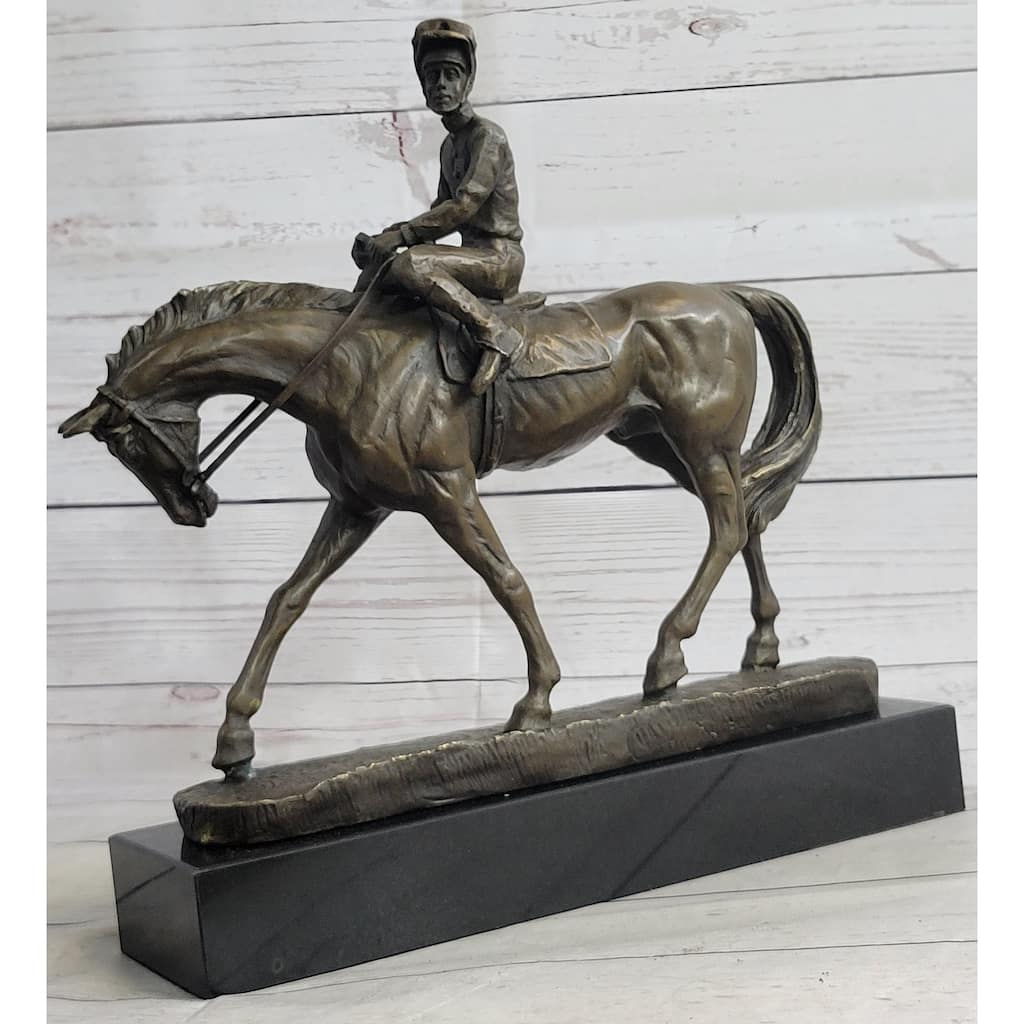 Polo Jockey On Horseback Equestrian Bronze Statue Sculpture Signed Art On Marble Base