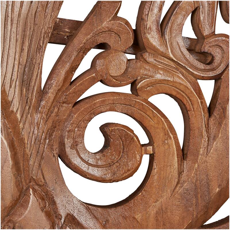White or Brown Mango Wood Large Carved Tree Wall Decor with Scrollwork