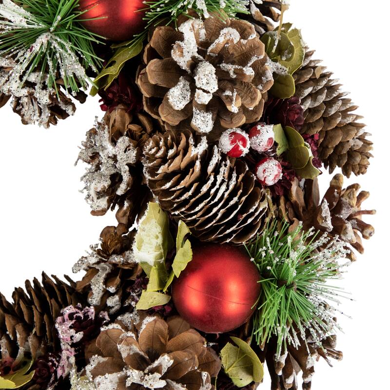 Red Ornament Frosted Glittered Pinecone Pine Needle Wreath 13.5"