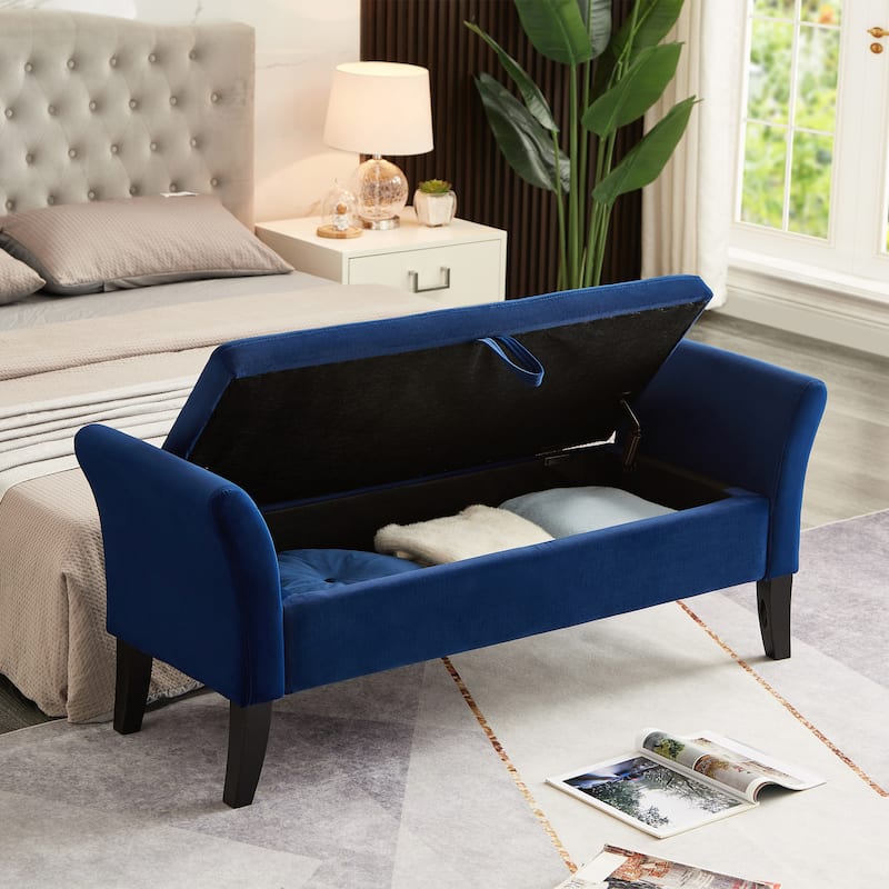 Velvet Storage Bench, Ottoman Bench Upholstered Fabric End of Bed Bench with Wood Legs, Flipping Lid Entryway Footrest