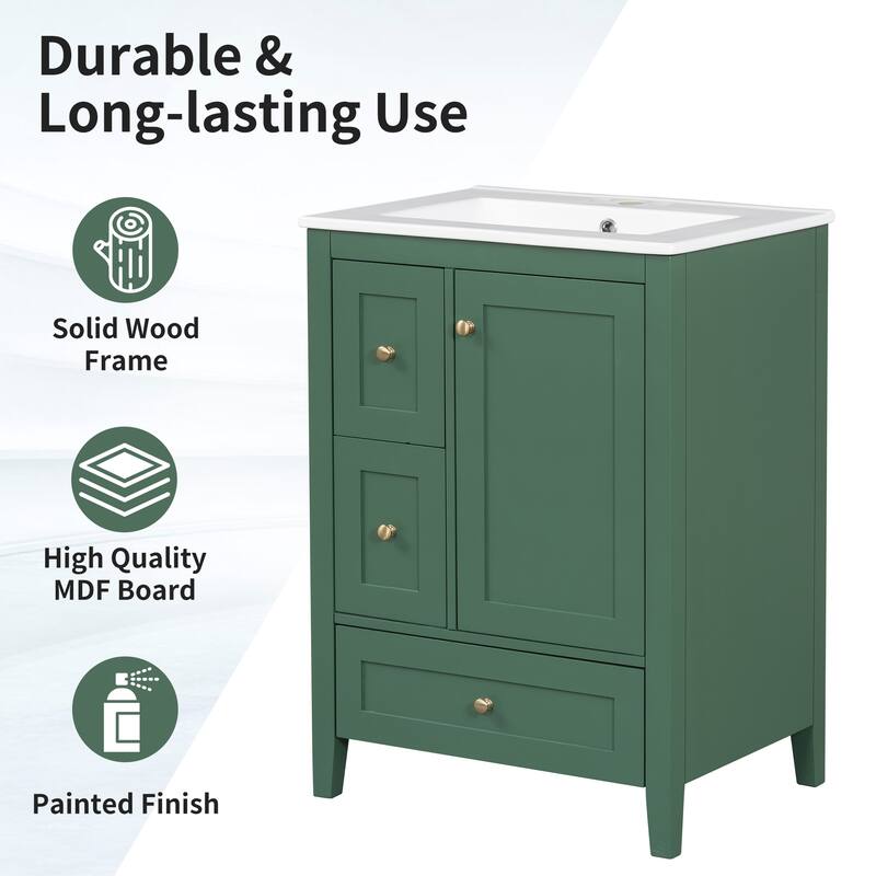 24" Bathroom Vanity with Sink, Adjustable Shelf, 3 Drawers, and Glossy White Finish - Freestanding MDF Cabinet,Storage Organizer