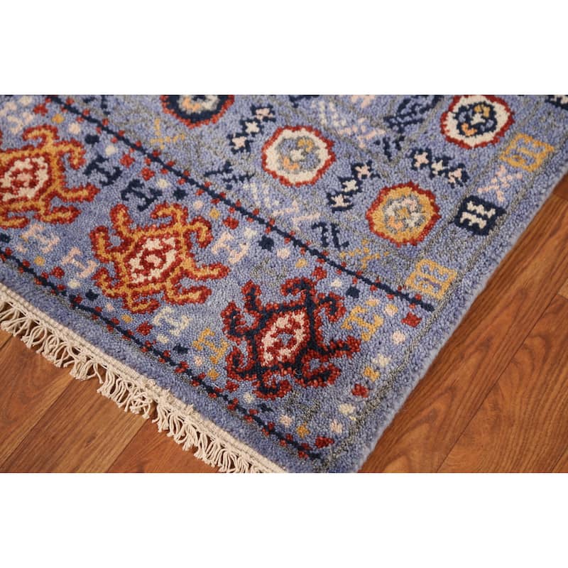 Blue Heriz Serapi Indian Runner Rug Hand-Knotted Geometric Wool Carpet - 2'6" x 9'11"
