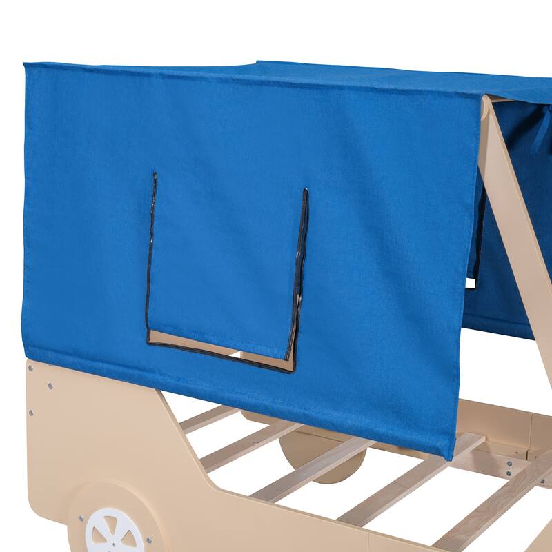 Twin Size Car Shaped Bed with Tents & Rugged Wheels, Sturdy Wooden Jeep