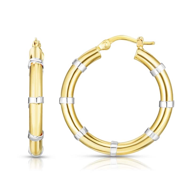 Curata 14k Two-tone Gold 22x4mm Diamond-cut Stations Round Hoop Earrings