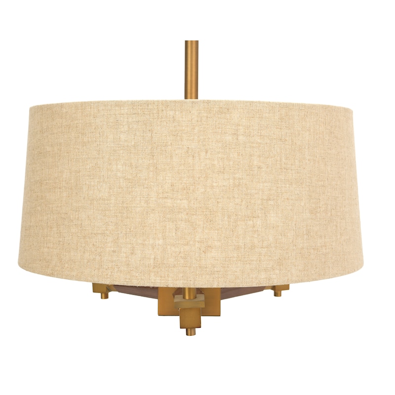 Mid Century Metal and Wood Ceiling Light with Linen Drum Shade - 17.7"L x 17.7"W x 36.0"H