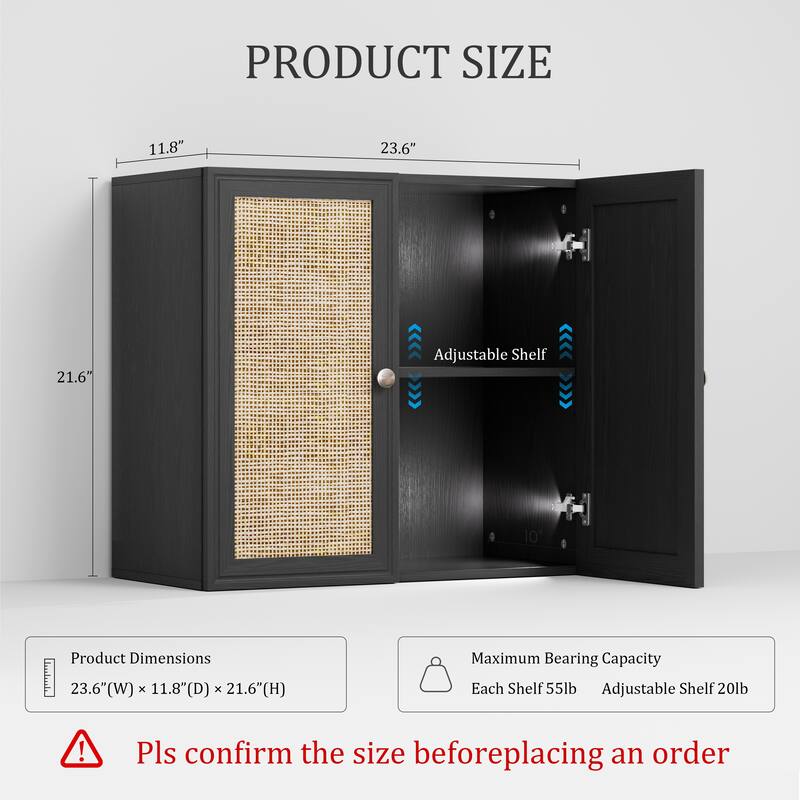 Rattan Wall Cabinets with Adjustable Shelf & LED Light