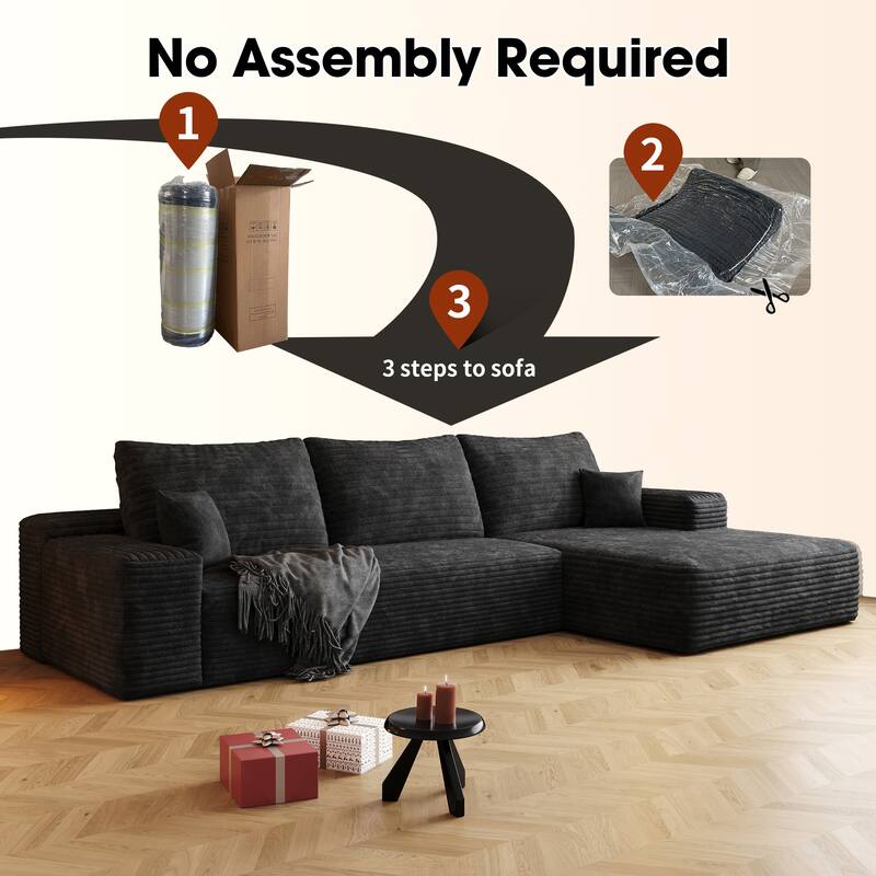 Modular Sectional Sofa with L-Shape Chaise Lounge, Corduroy Upholstered Boneless Cloud Sofa, Full Compressed Corner Floor Sofa