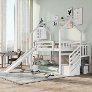 Twin over Twin House Bunk Bed with Slide & Storage Staircase