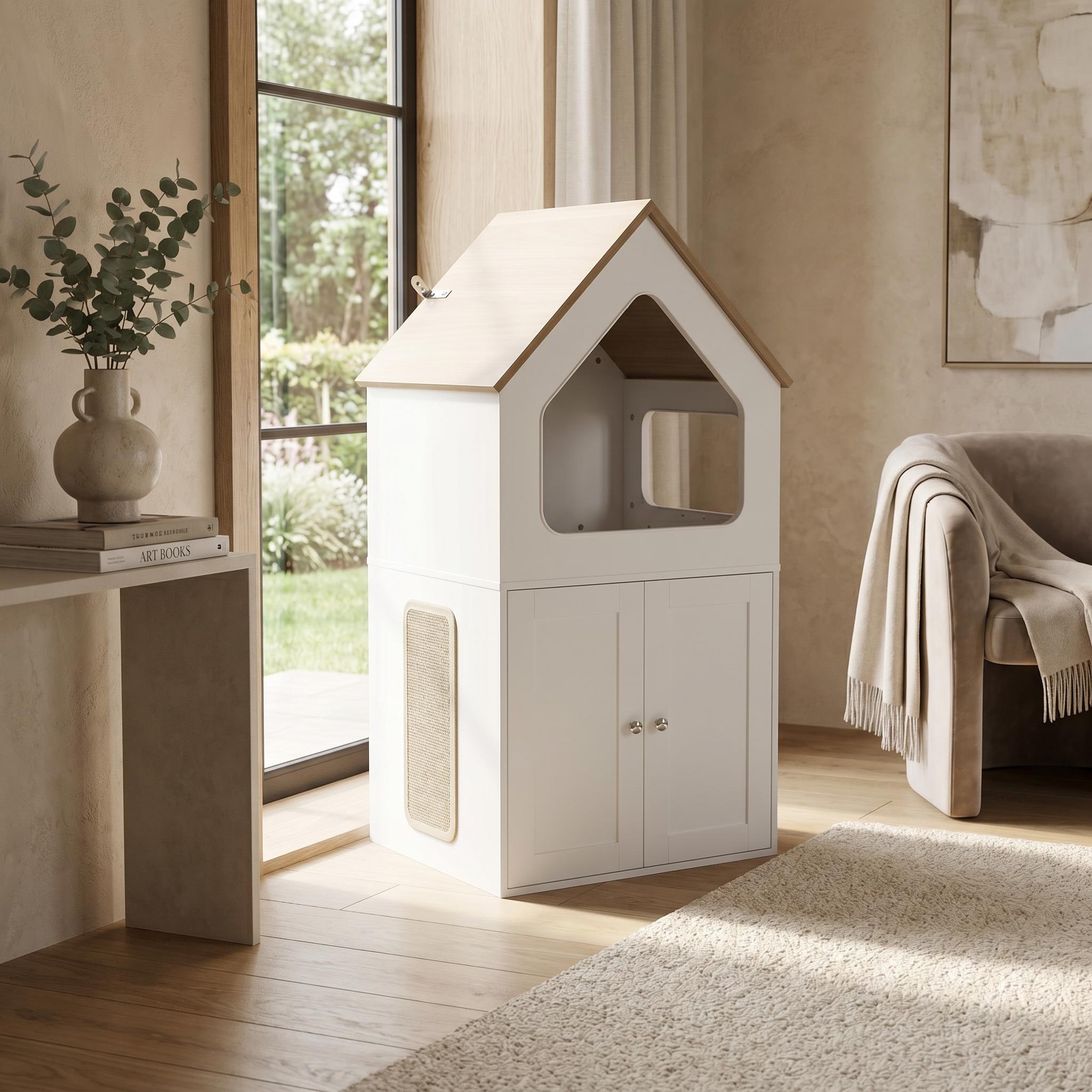 Luxury Farmhouse Cat Litter Box Furniture Enclosed, 43" Wood Cat Condo Hideaway with Climbing Steps & Sisal Scratching Pad