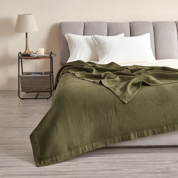 slide 2 of 30, Luxurious 100% Cotton Soft Waffle Weave Knit Blanket Full/Queen - Olive Green