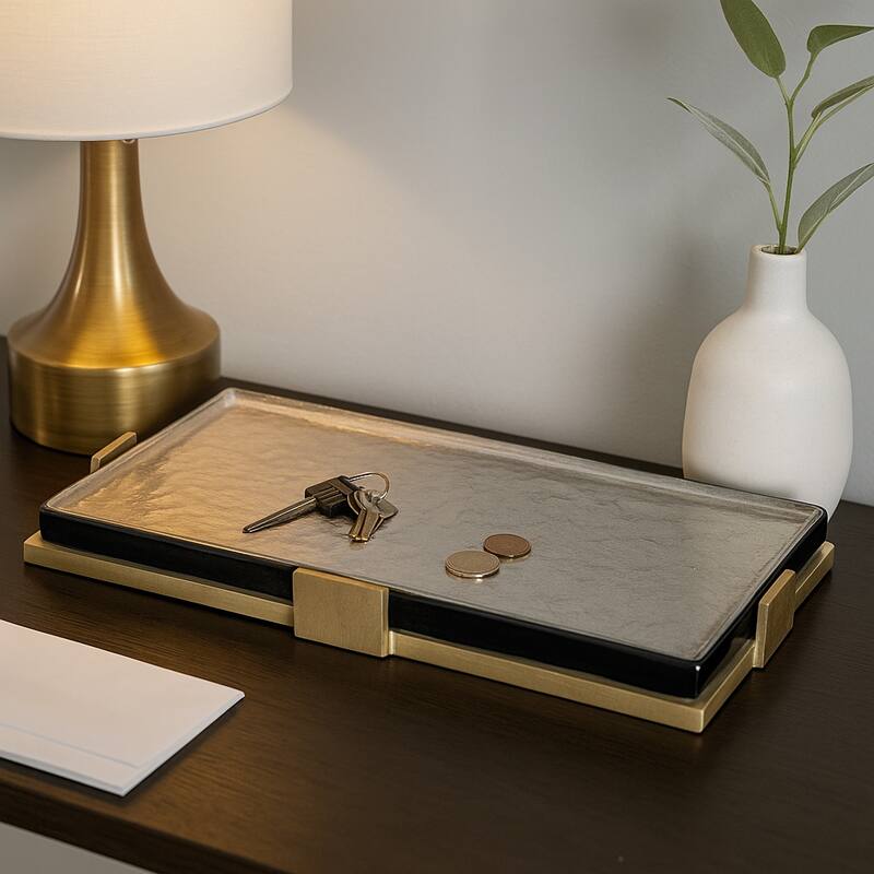 Decorative Glass and Metal Rectangle Accent Tray-Home Decor-19", Gold - 19.0"