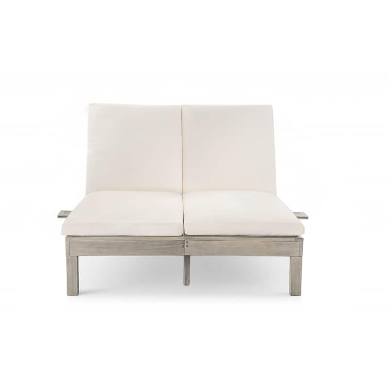 Outdoor Patio Acacia Wood Double Daybed Sunbed with Adjustable Backrest and Folding Side Trays