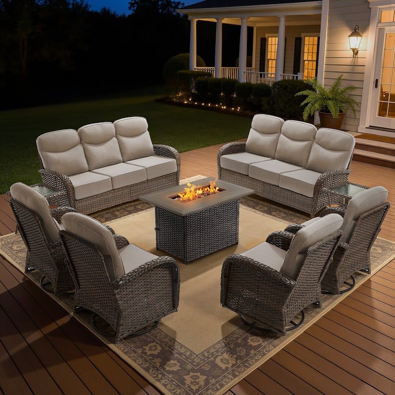 Luna 9-Piece Wicker Outdoor Patio Fire Pit Sofa Set with 6-Inch Thick Cushions