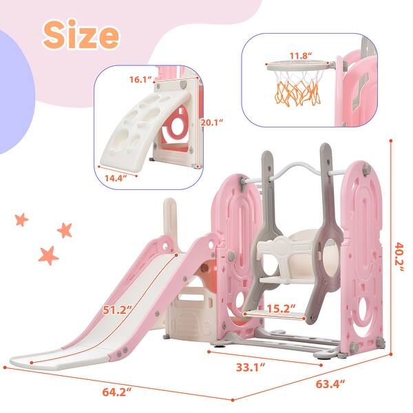 dimension image slide 1 of 2, 5 In 1 Kids Playground Climber Slide Playset with Toddler Slide And Swing - 64.2'' L x 63.4'' W x 40.2'' H
