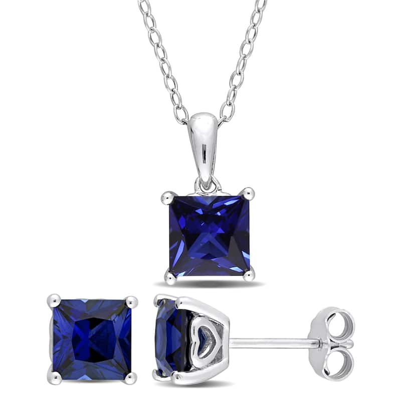 Miadora 4ct TGW Square Created Blue Sapphire Solitaire Necklace & Stud Earrings Set Sterling Silver