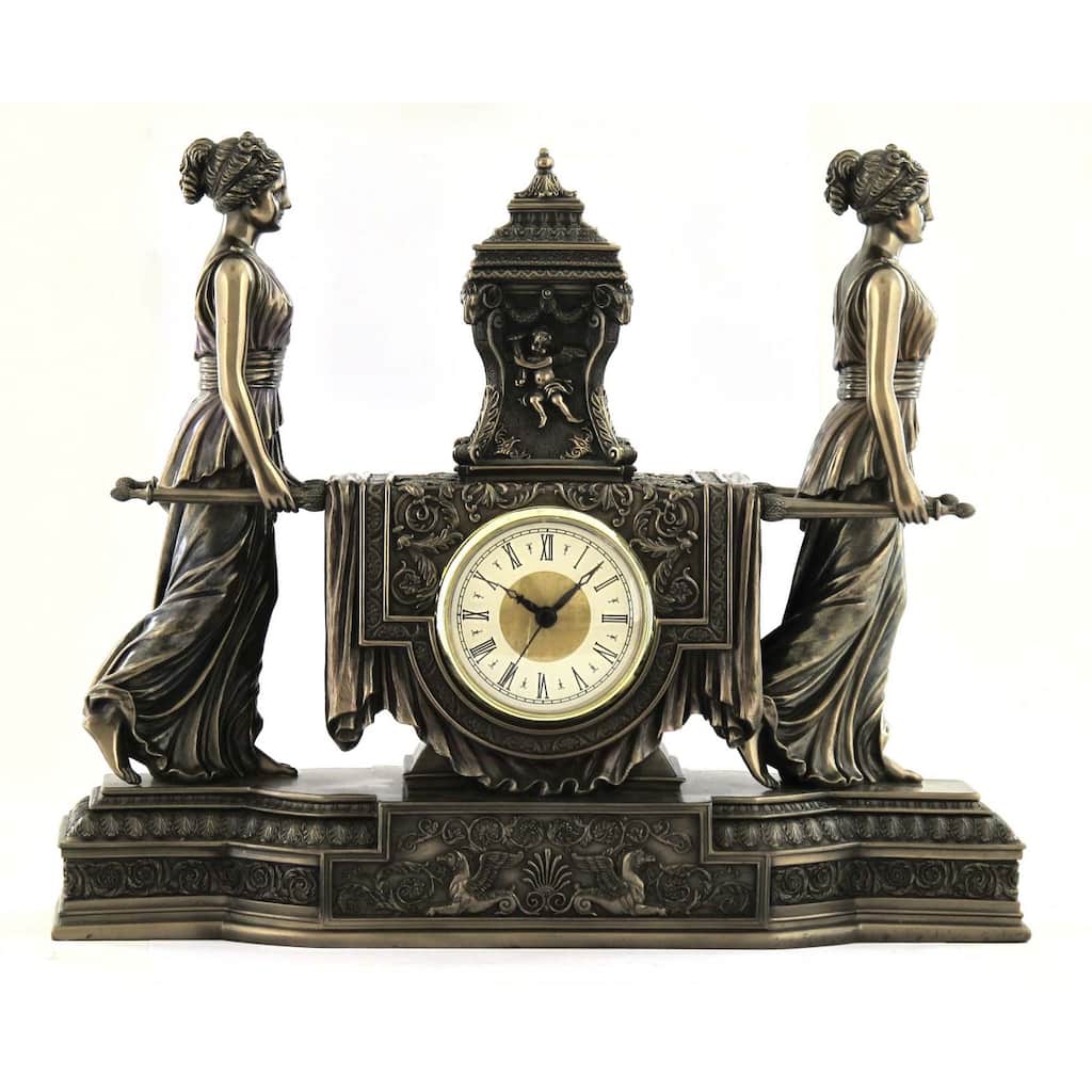 Veronese Design 14.57" L "WOMEN CARRYING URN ON THE LITTER" MANTEL CLOCK (MBZ+COLOR) Cold Cast Bronze