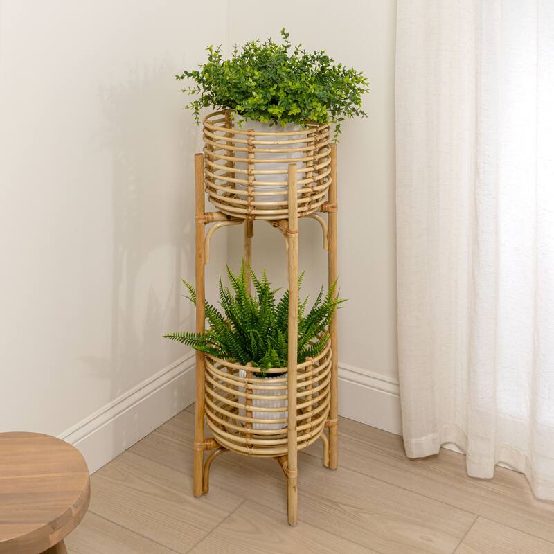 JONATHAN Y Zachariah 33.5" Bohemian Minimalist Handmade 2-Tier Rattan Indoor Planter Stand