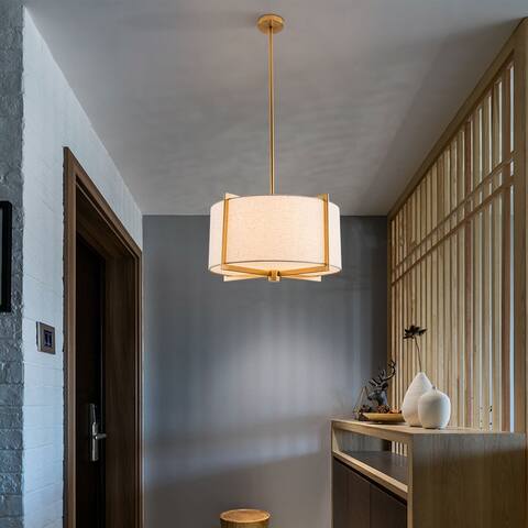 3-Light Gold Fabric Drum Linen Shade Pendant Light - 19.68''