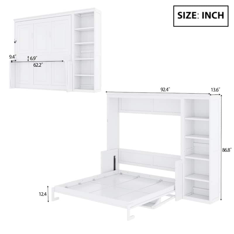 Full/Queen Murphy Bed with Foldable Desk and Storage Shelves, Wall Bed with Bookshelf and Cabinet Design
