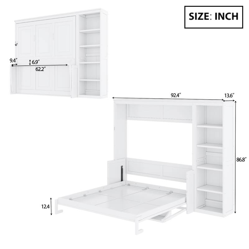 Wooden Murphy Bed Wall Bed with Storage Shelves and Built In Desk, Foldable Platform Bed Frame, Fold into The Wall