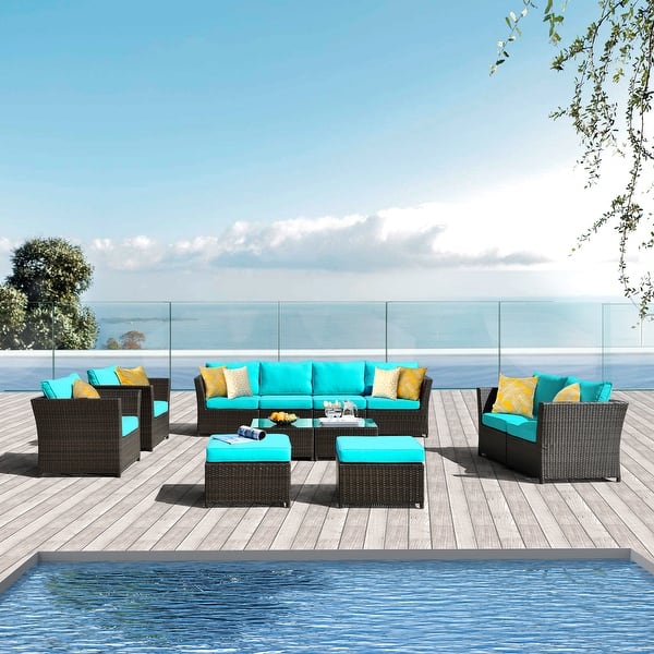 Shop Ovios Patio Furniture 12 Piece Rattan Wicker Outdoor Sectional Set With 4 Pillows And 2 Covers Overstock 29186994