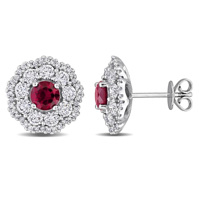 Miadora 1 1/3ct TGW Created Ruby 1 3/5ct TW Lab-Grown Diamond Stud Earrings 14k White Gold