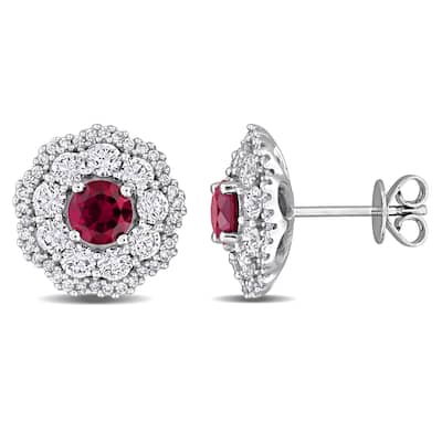 Miadora 1 1/3ct TGW Created Ruby 1 3/5ct TW Lab-Grown Diamond Stud Earrings 14k White Gold
