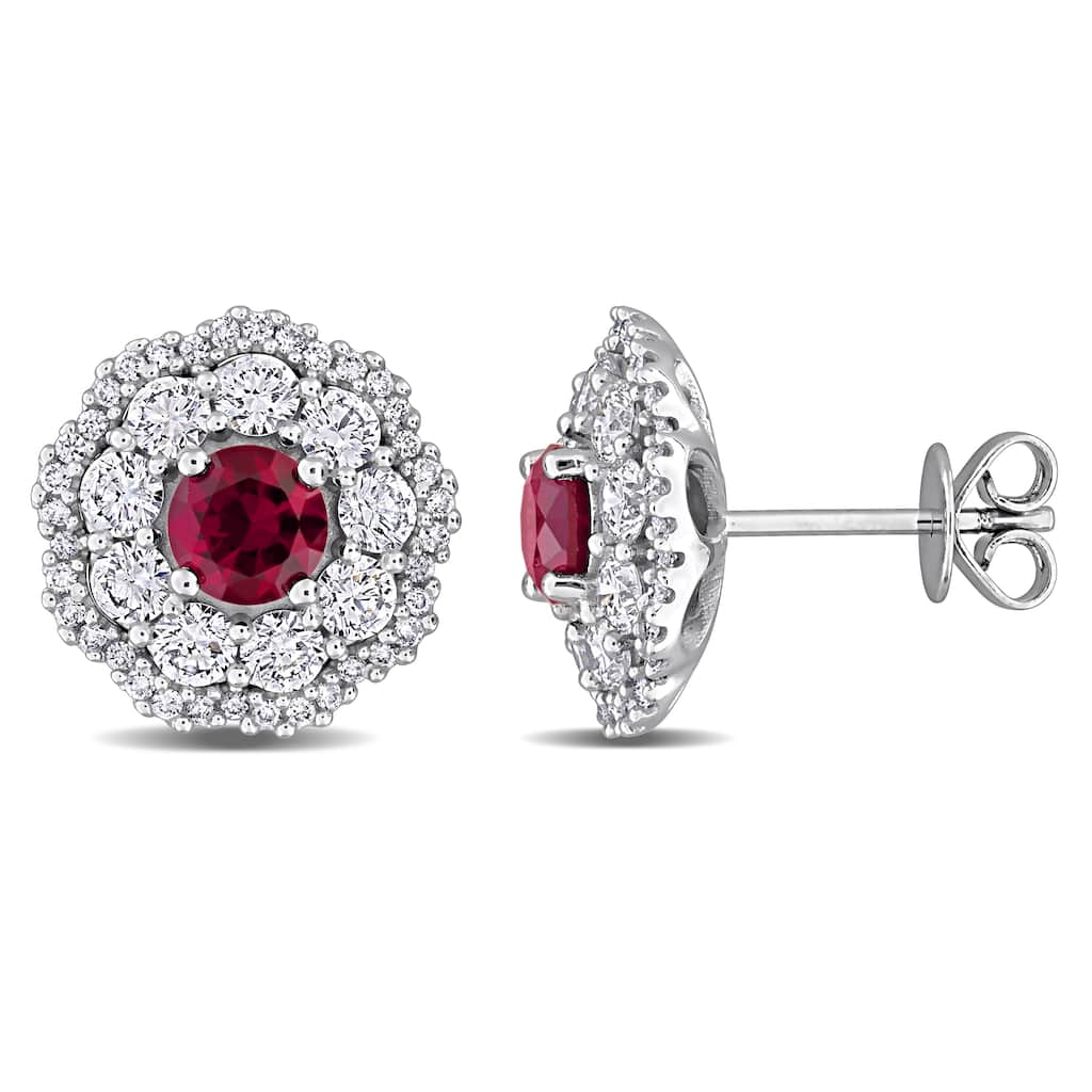 Miadora 1 1/3ct TGW Created Ruby 1 3/5ct TW Lab-Grown Diamond Stud Earrings 14k White Gold