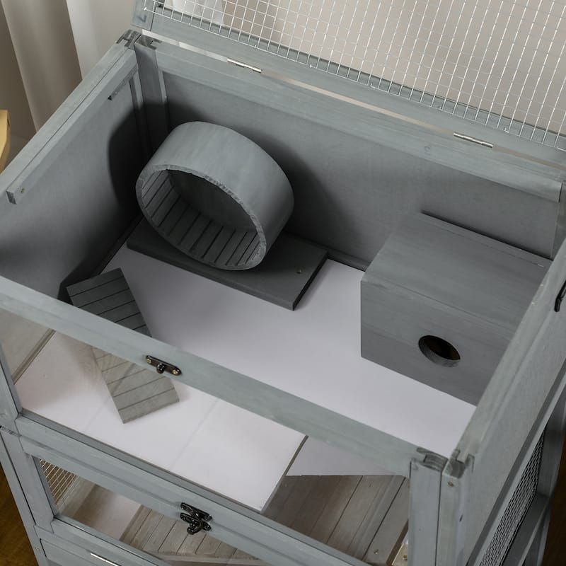 Grey Hamster Cage with Plexiglass Window and Running Wheel Ladder Ramp and Toys - 23.5" L x 15.75" W x 35.5" H