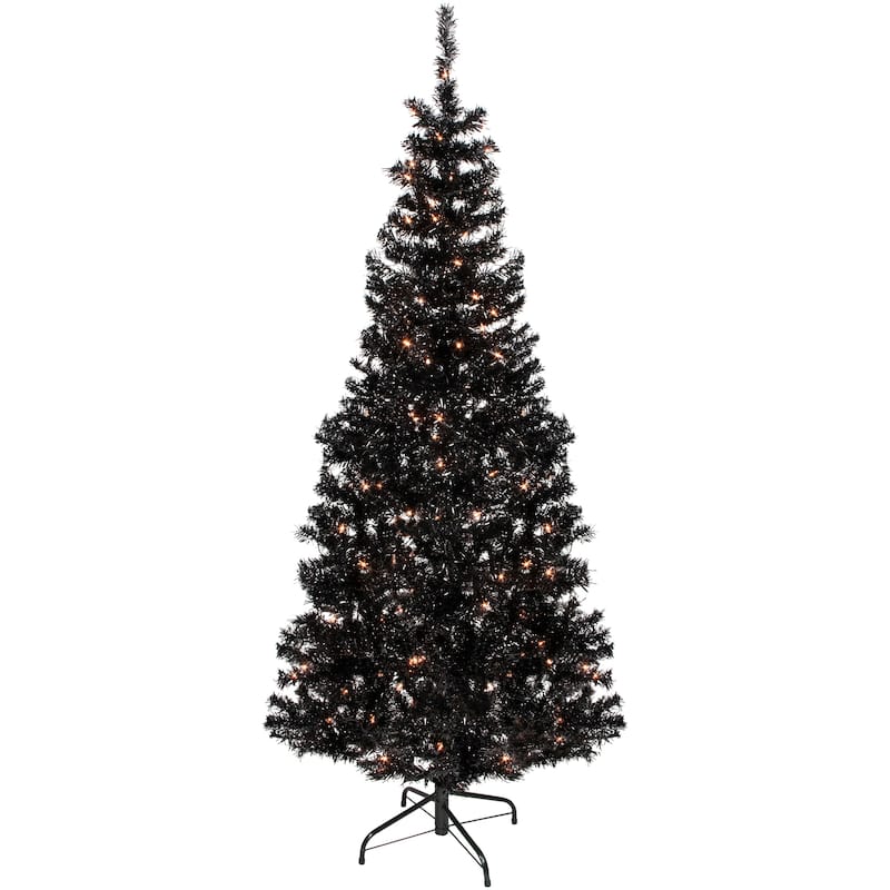 6' Pre-Lit Black Artificial Tinsel Christmas Tree, Clear Lights - 6 Foot