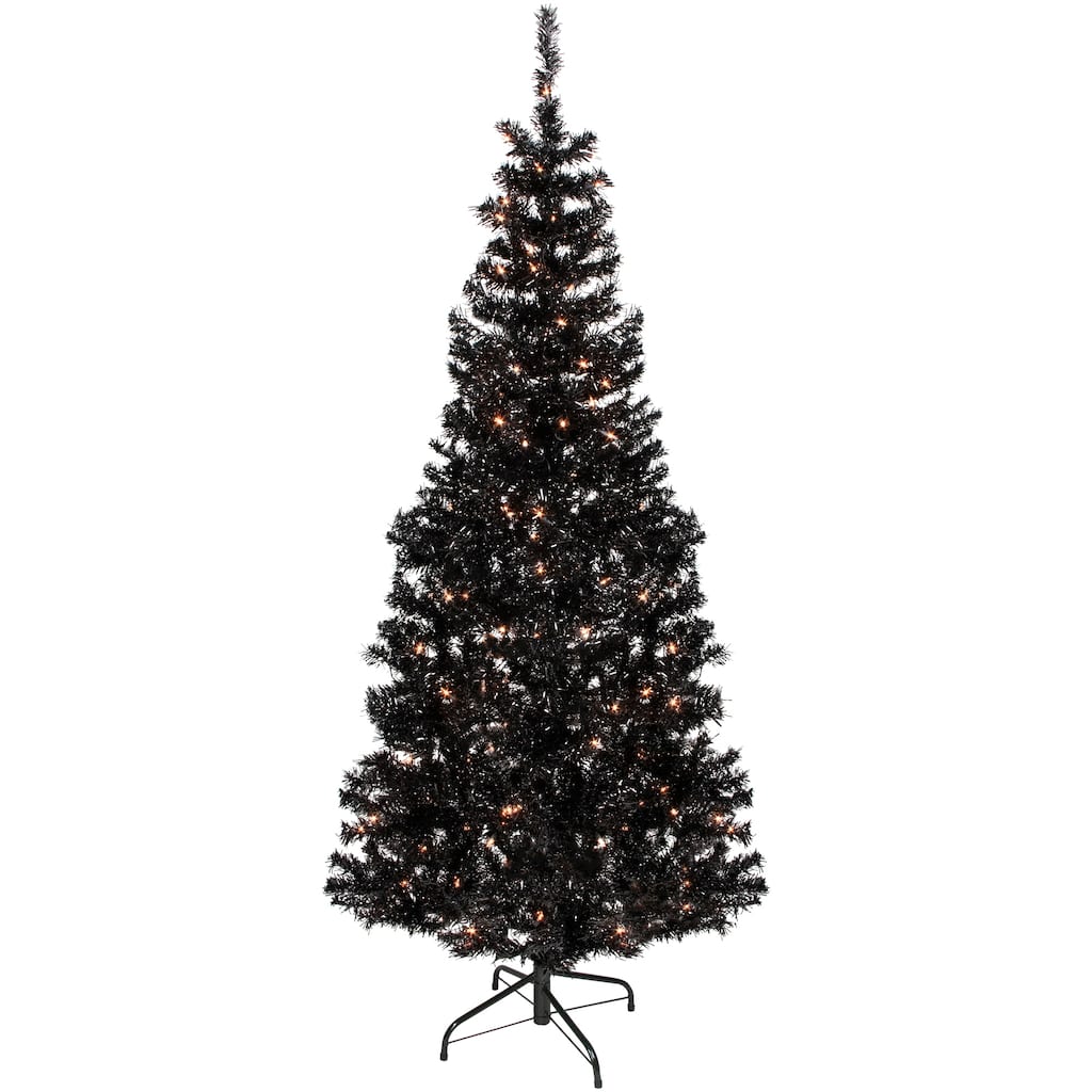 Pre-Lit Artificial Tinsel Christmas Tree - 6' - Black - Clear Lights - 6 Foot