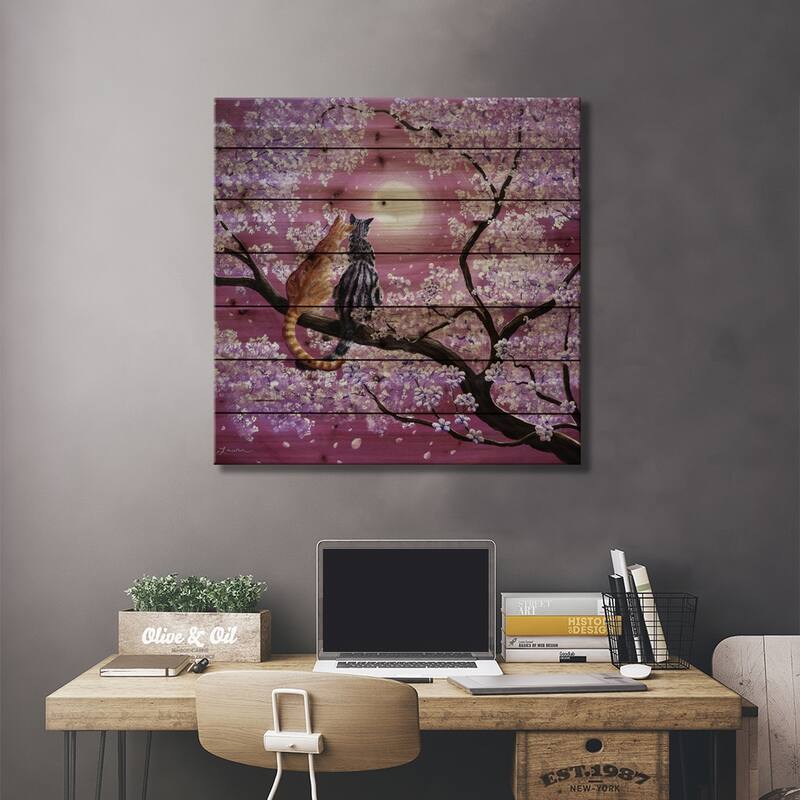 Orange And Gray Tabby Cats In Cherry Blossoms Print On Wood by Laura Iverson - Multi-Color