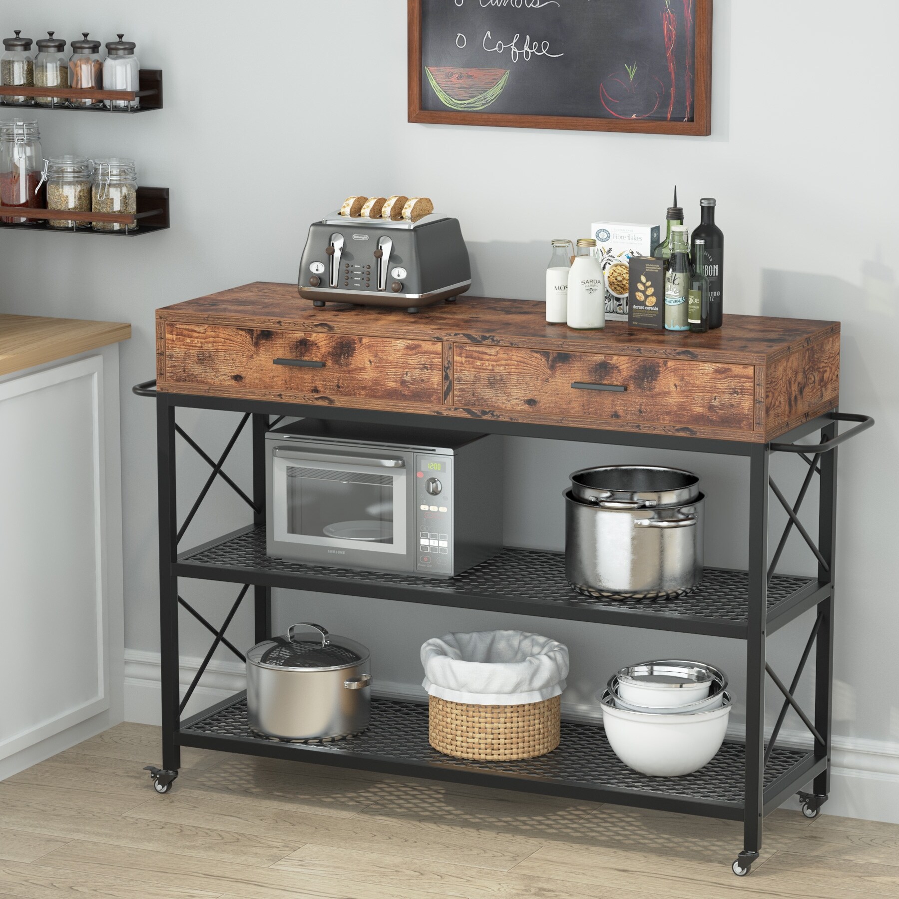 Kitchen Island Cart with 2 Drawers, Open Shelves & Towel Rack - 47.24