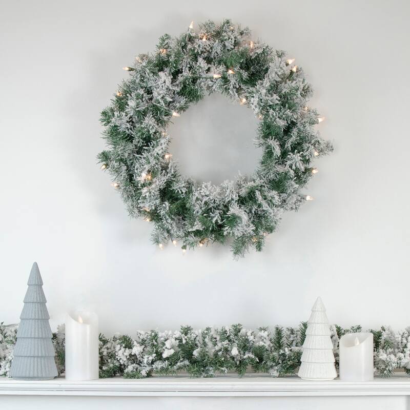 Flocked Victoria Pine Artificial Christmas Wreath - 24", Clear Lights