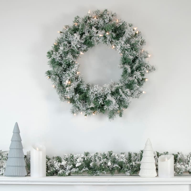 Pre-Lit Flocked Victoria Pine Artificial Christmas Wreath - 24-Inch Clear Lights - 24"