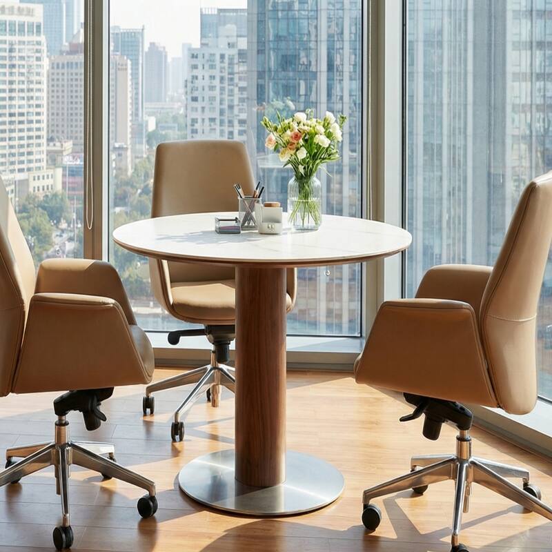 31.5 Inch Round Conference Table for 2-4, Office Meeting Table with Thicken Sintered Stone Tabletop - 31.5" Dia. x 29.53" H - White + Walnut