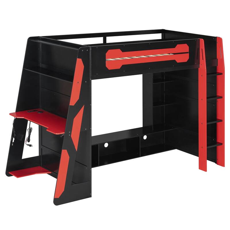 Twin Size Wood Loft Bed with Desk, Multi-storage Shelves and RGB Light