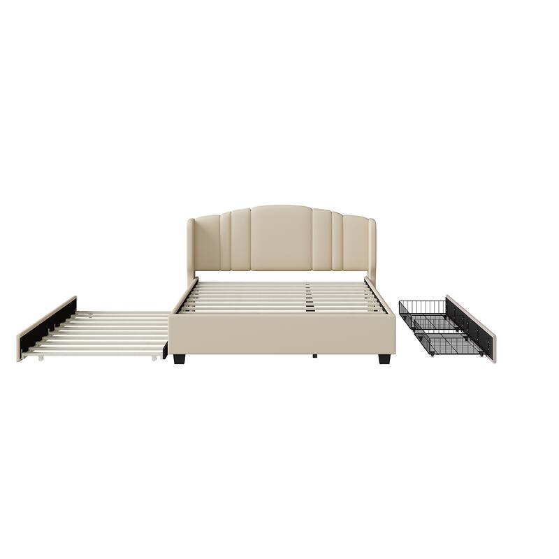 Contemporary Linen Upholstered Platform Bed, Queen Size, Includes Trundle Bed and Drawers, Wingback Headboard
