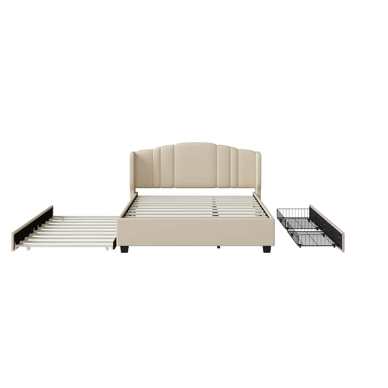 Upholstered Platform Bed with Wingback Headboard, Queen Size Linen Fabric Bed Frame with Twin Trundle Bed and 2 Drawers