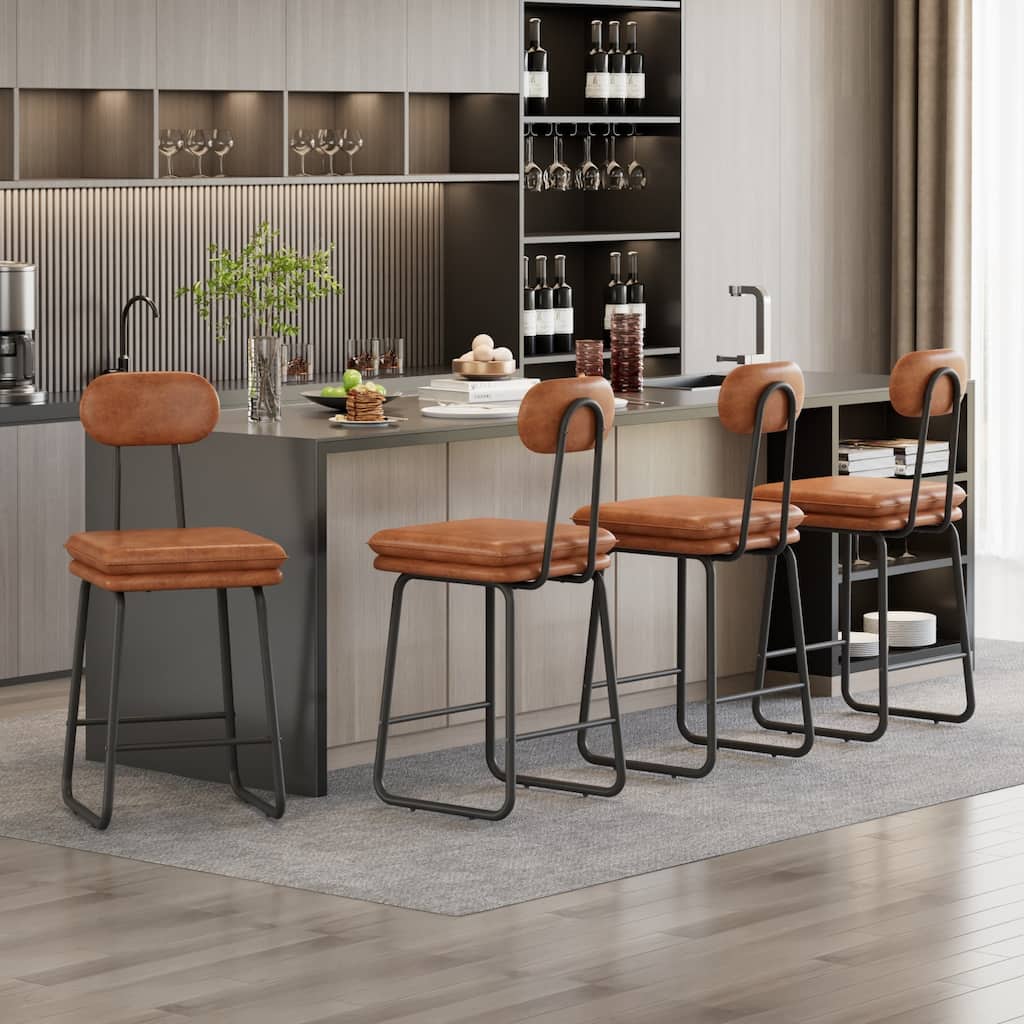 VECELO Armless Bar Stool Set of 2 & 4 Metal Bar Stools with Double Footrest Upholstered Back & Seat for Kitchen Island